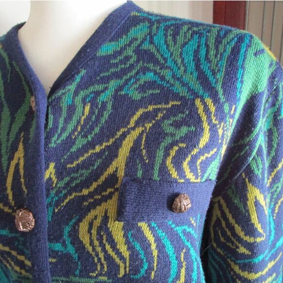 Vintage Mixage 80s Abstract Knit Cardigan Sweater Gold Buttons Chunky Artsy M - Picture 8 of 17